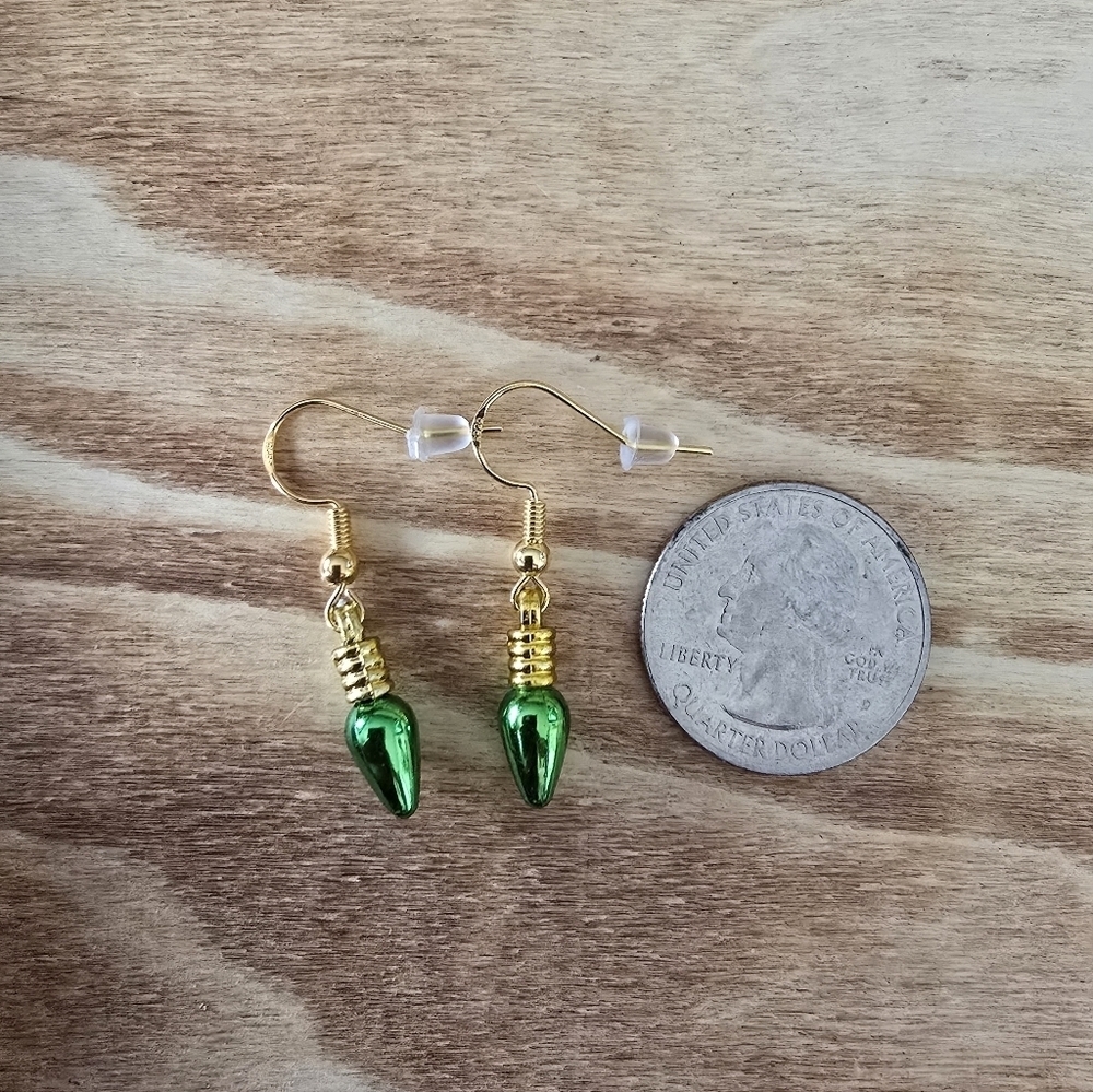 Green Mini Christmas Light Bulb Earrings.